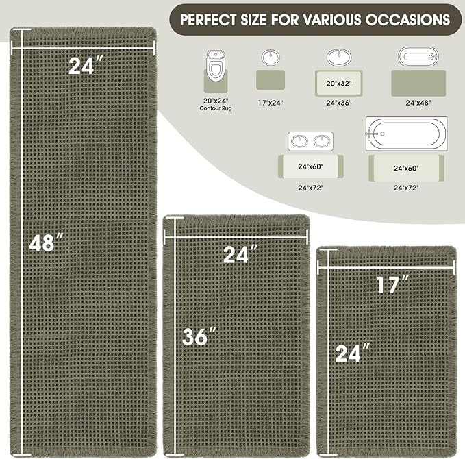 Upgraded Waffle Bath Mat Set 3 Piece Greyish Green, Super Absorbent Non-Slip Quick Dry Bathroom Rugs with Tassels, Machine Washable Ultra Soft Boho Bath Rugs for Floor, Bath Mats Boho Farmhouse Decor
