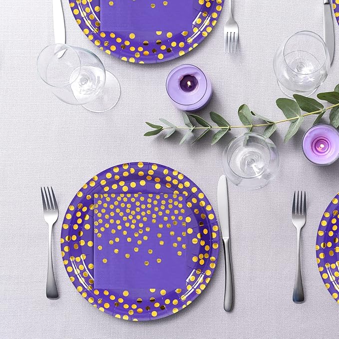 Purple & Gold Dots Party Paper Plates, 50 PCS Disposable Party Supplies Dessert Paper Plates for Birthday,Wedding Birdal Christmas Mardi Gras (7 inches)