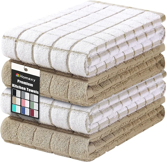 Homaxy Premium Cotton Kitchen Towels 16"x 28", Large Natural Ring Spun 390 GSM Dish Towels, Super Absorbent Terry Kitchen Hand Towels, Soft Tea Towels with Hanging Loop, Tan Check Design, 4 Pack