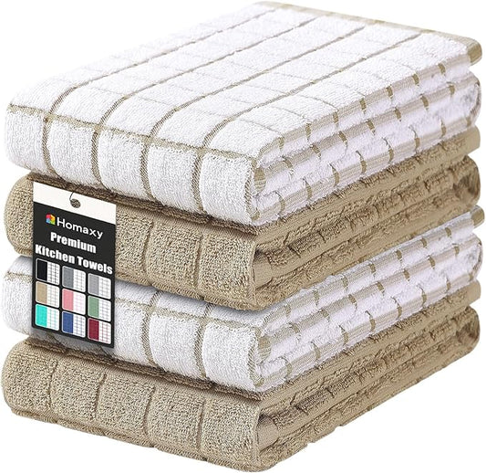Homaxy Premium Cotton Kitchen Towels 16"x 28", Large Natural Ring Spun 390 GSM Dish Towels, Super Absorbent Terry Kitchen Hand Towels, Soft Tea Towels with Hanging Loop, Tan Check Design, 4 Pack