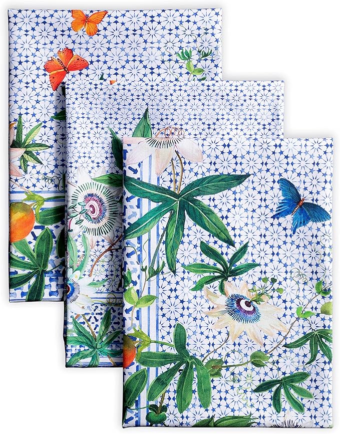 Maison d' Hermine Kitchen Towels Set of 3 100% Cotton 27.50" x 20" Reusable Cloth Tea Dish Towels Absorbent with Hanging Loop for Kitchen Farmhouse Hotel Spring Summer - Passiflora
