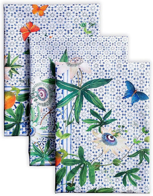 Maison d' Hermine Kitchen Towels Set of 3 100% Cotton 27.50" x 20" Reusable Cloth Tea Dish Towels Absorbent with Hanging Loop for Kitchen Farmhouse Hotel Spring Summer - Passiflora