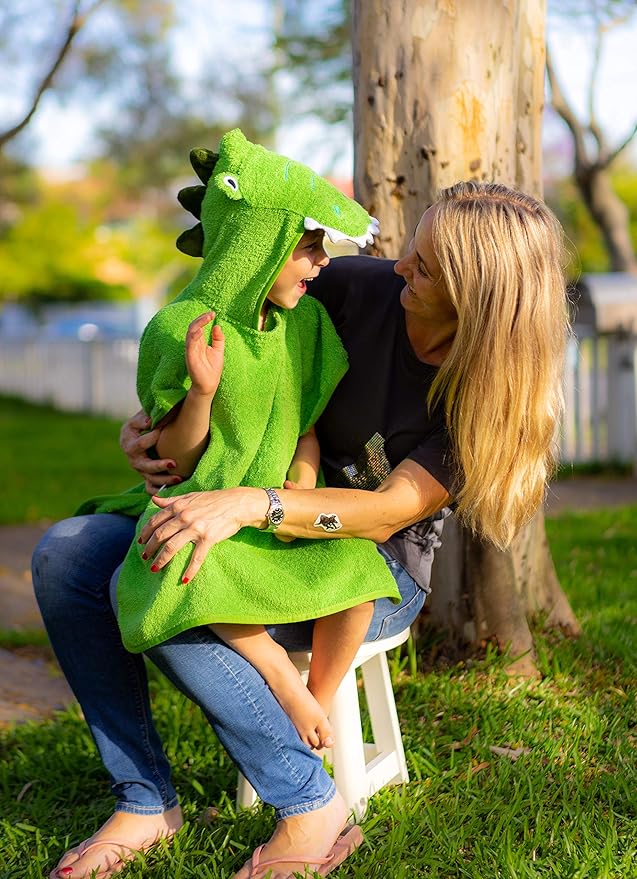Hudz Kidz Premium Hooded Towel Poncho for Kids & Toddlers, Soft 100% Cotton, Ideal at Bath, Beach, Pool (Green Croc)