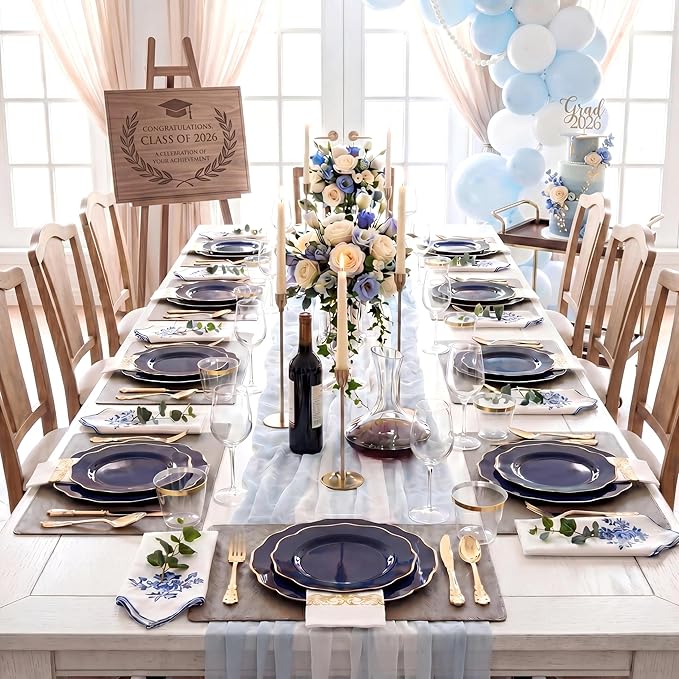 NOCCUR 175PCS Blue Plastic Plates with Disposable Silverware - Include 50 Blue Disposable Plates with Gold Rim,75 Gold Cutlery,25 Cups,25Napkins for Party/Wedding/Graduation/Memorial Day