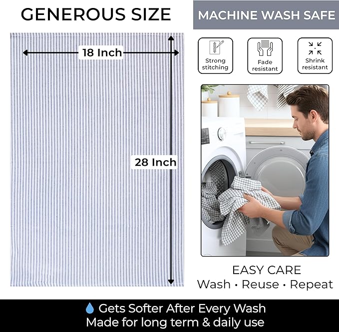 Cotton Dish Towels For Kitchen Drying - Highly Absorbent Light Gray Striped Gingham Plaid Tea Towels - 18"X28" Set Of 6 Farmhouse Linen Dishtowels In Bulk - Pano De Prato Para Cozinha - T Towles Towls