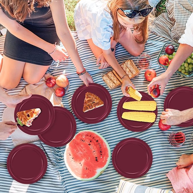 QZYL 50 Pieces Paper Plates, 7" Burgundy Bulk Dessert Plates, Disposable Plates Party Supplies, Round Small Paper Plates, Burgundy Party Decorations for Bridal Dinner Holiday Travel Valentines