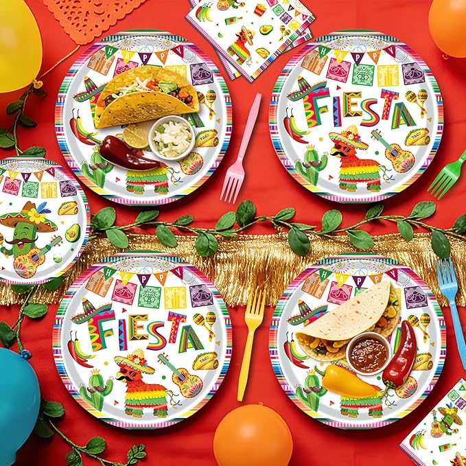 96 Pieces Mexican Fiesta Plates and Napkins, Cinco de Mayo Disposable Tableware with Paper Plates, Napkins, Plastic Forks for Mexican Themed Party, Taco Tuesday, Fiesta Party Supplies, Serves 24