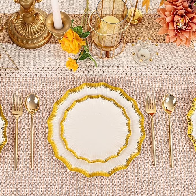 DaYammi 60Pcs Ivory Plastic Plates with Gold rim,Ivory Gold Disposable Plates - Heavy duty Plastic Plates Include 30 Dessert Plate,30 Dinner Plate,Ivory Scalloped gold plates for Party Wedding