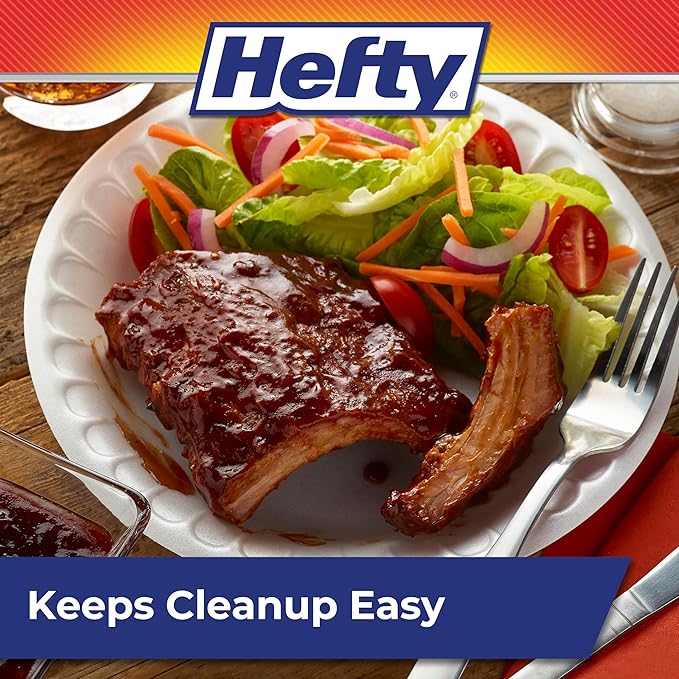 Hefty Everyday Soak Proof Disposable Foam Plates, 8.9 Inches, 100 Count, Disposable White Plates for Lunch, Salads, and Appetizers, Great for Everyday Use, Easy Cleanup
