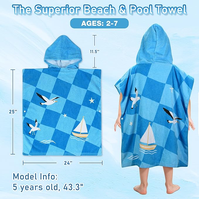 Tirrinia Kids Hooded Beach Towel, Toddler Hooded Bath Towel & Poncho Towel Super Absorbent, Wearable Swim Towel for Kids 3-6 Years Boys Girls at Bath Pool Beach, Birthday Gifts, Boat