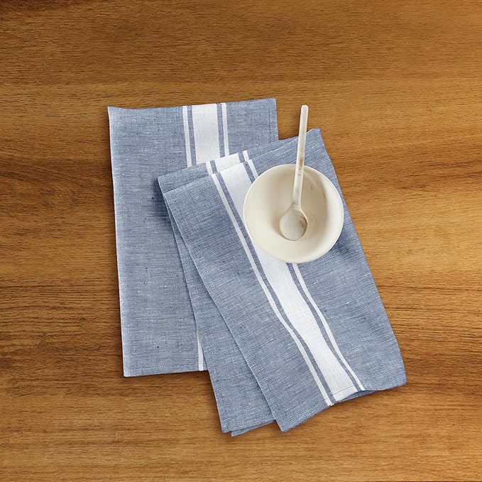 Solino Home Blue Linen Kitchen Towels Set of 2-100% Pure Linen 17 x 26 Inch Country Stripe Tea Towels with Hanging Loop- Soft & Durable European Flax Kitchen Dish Cloth-Quick Dry & Machine Washable