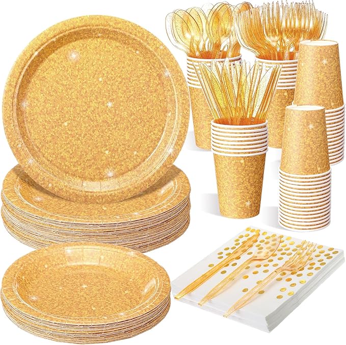 Hushee 175 Pcs Gold Holographic Print Party Supplies Guests Disposable Dinnerware Set Include Paper Plates, Napkins, Cups, Plastic Cutlery for Wedding Birthday Disco Bachelorette