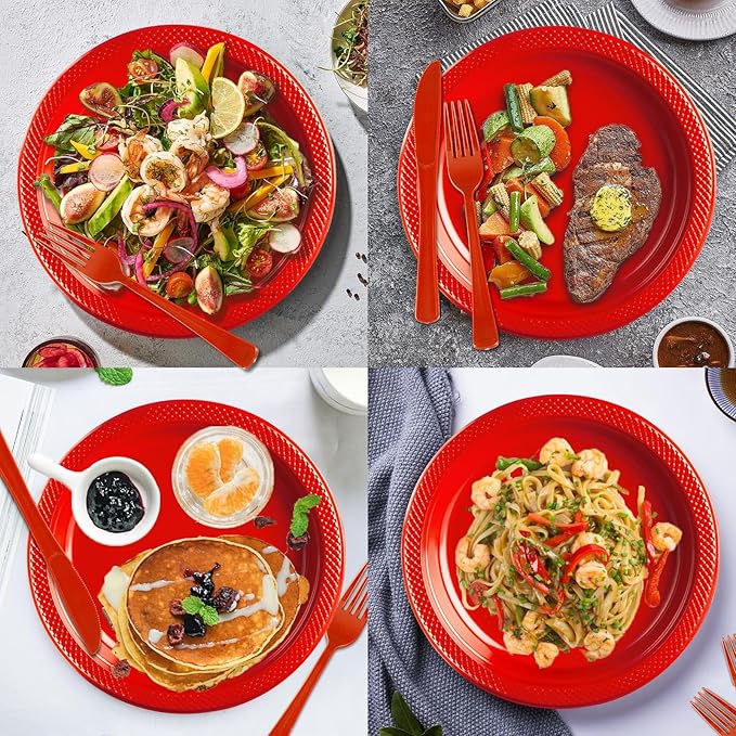 Red Plastic Plates, Graduation Plates Set,Disposable Plastic Dinnerware for Graduation Party Wedding Birthday,Serve 25 Guests