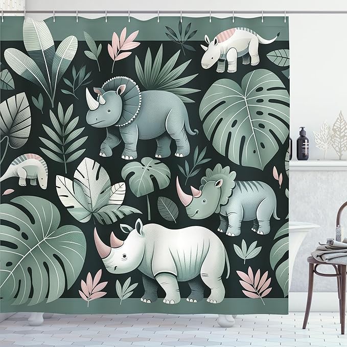 Ambesonne Woodland Shower Curtain, Funny Cartoon Design Exotic Jungle Monstera Leaves Horned Animals Print, Cloth Fabric Bathroom Decor Set with Hooks, 69" W x 84" L, Laurel Green Blush