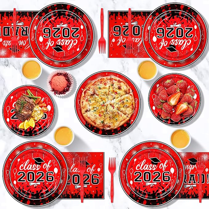 100 Pcs Graduation Plates and Napkins, 2026 Red Black Graduation Disposable Plates and Napkins Party Supplies Set Serves 25, Red Black Disposable Dinnerware Set for 2026 Decorations Grad Party