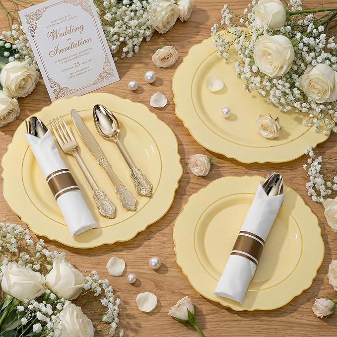 Liacere 350PCS Yellow Plates - Yellow Disposable Plastic Plates With Gold Rim-50Guest Plastic Dinnerware include 100 Plates,50 Pack Pre Rolled Napkins with Silverware 50Cups for Wedding＆Mother's Day