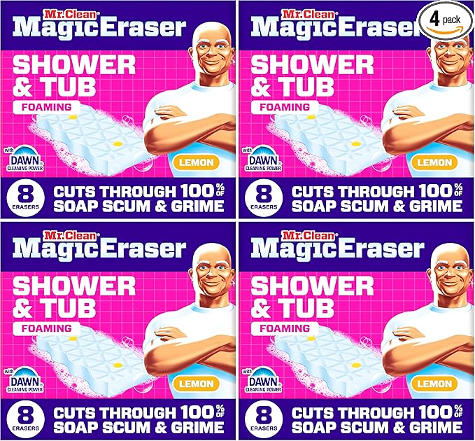 Mr. Clean Magic Eraser Sponge, Bathroom, Shower, Tub Cleaner, Soap Scum Remover, Bathroom Cleaning Supplies, Dawn Cleaning Power with Lemon Scent, Shower & Tub, 8ct (Pack of 4)