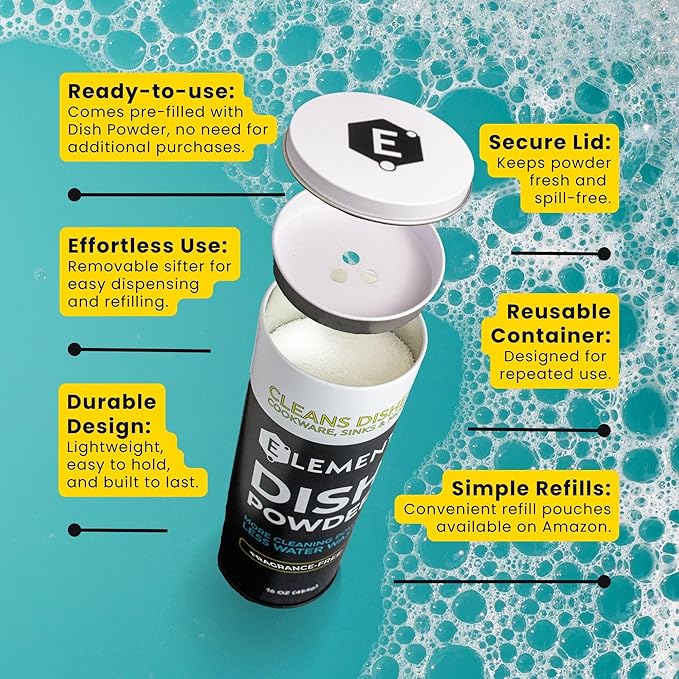 ELEMENT Dish Powder | Pre-Filled Refillable Shaker with Grease-Fighting Dish Soap | Liquidless, Plastic-Free | No Harsh Chemicals (16 OZ in Refillable Shaker, Fragrance-Free)