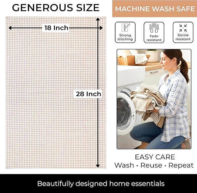 Cotton Dish Towels For Kitchen Drying - Highly Absorbent Beige Striped Gingham Plaid Tea Towels - 18"X28" Set Of 6 Farmhouse Linen Dishtowels In Bulk - Pano De Prato Para Cozinha - T Towles Towls