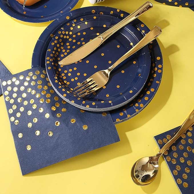 168Pcs Navy Blue Plates and Napkins Party Supplies, Blue Paper Plates Serve 24, blue and Gold Party Decorations, for Birthday, Fathers Day, Graduation, 4th of July