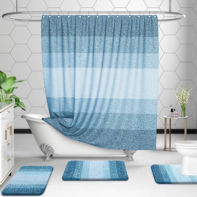 OLANLY Bathroom Rugs Sets 3 Piece, Soft Absorbent Microfiber Bath Mats and U-Shaped Contour Toilet Rug, Plush Shaggy Bath Mat Set for Bathroom (47"x20"+24"x16"+24"x20", Peacock Blue)