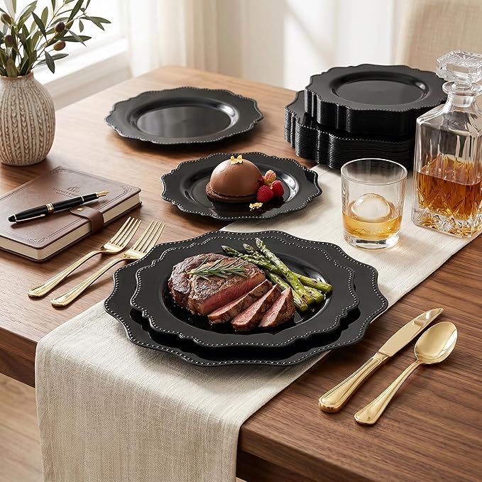 COLOSUS 60pcs Black Plastic Plates Set,Heavy Duty Black Disposable Plate for Party,Include 30PCS 10.5inch Dinner Plates and 30PCS 8.25 inch Dessert Plates for Father's Day/Wedding/Birthday