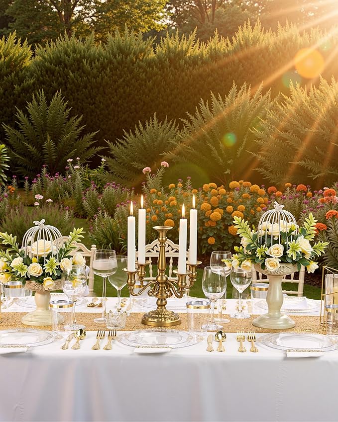 Nervure 350PCS Clear Gold Plastic Plates - Gold Plastic Dinnerware Sets for 50 Guests - 100 Disposable Plates, 150 Silverware, 50 Cups, 50 Napkins for Wedding & Party