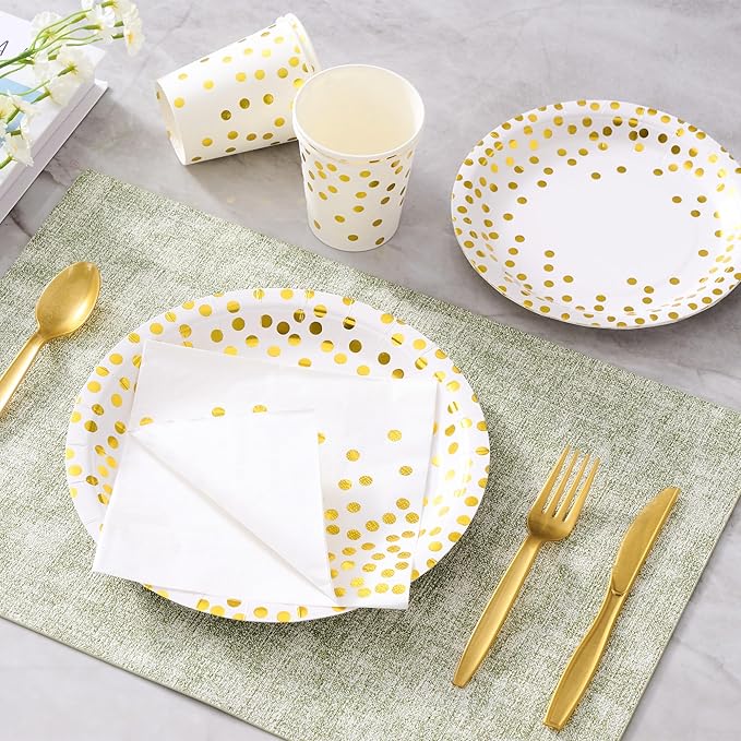 Fijinhom White and Gold Dot Paper Plates Set, 175 PCS Party Supplies, Disposable Dinnerware Set for 25 Guests, Gold Dot Paper Plates Napkins Cups Gold Plastic Forks Knives Spoons for Christmas