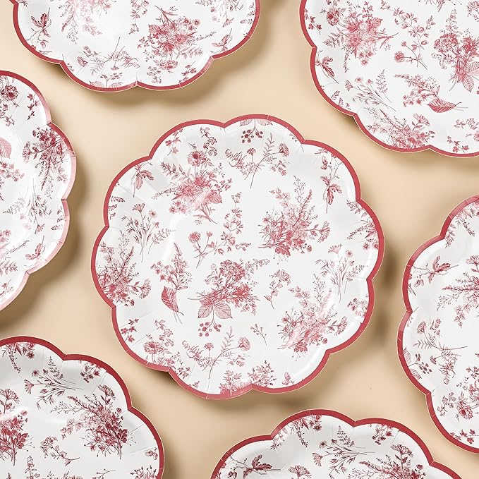 48Pcs Red Floral Party Plates Vintage Floral Leaf Disposable Paper Plate Wildflower Red Toile 7" Scalloped Rim Dessert Plates for Christmas Birthday Bridal Tea Party Supplies
