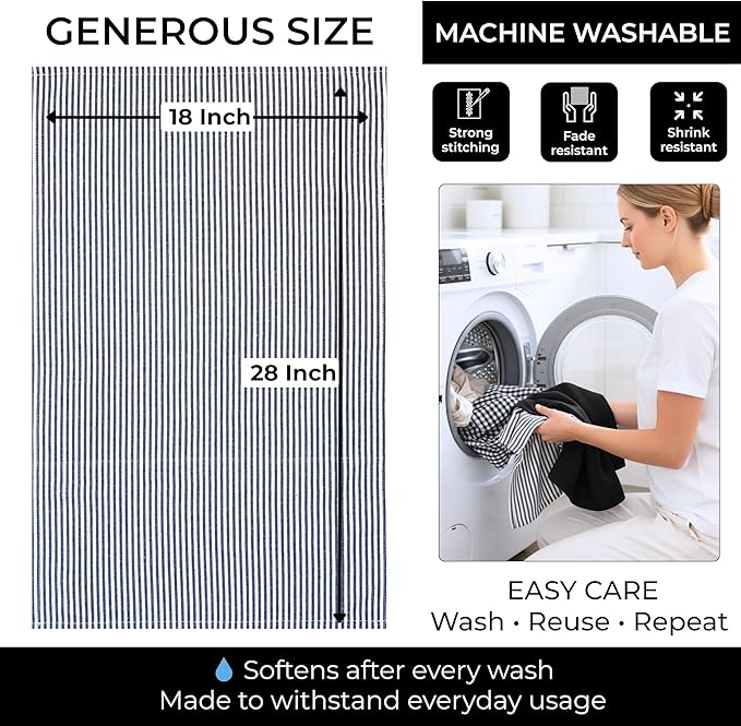Cotton Dish Towels For Kitchen Drying - Highly Absorbent Black Striped Gingham Plaid Tea Towels - 18"X28" Set Of 6 Farmhouse Linen Dishtowels In Bulk - Pano De Prato Para Cozinha - T Towles Towls