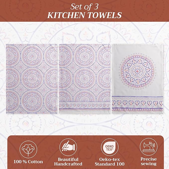 Maison d' Hermine Kitchen Towels Set of 3 100% Cotton 27.50" x 20" Reusable Cloth Tea Dish Towels Absorbent with Hanging Loop for Kitchen Farmhouse Hotel Spring Summer - Mandala