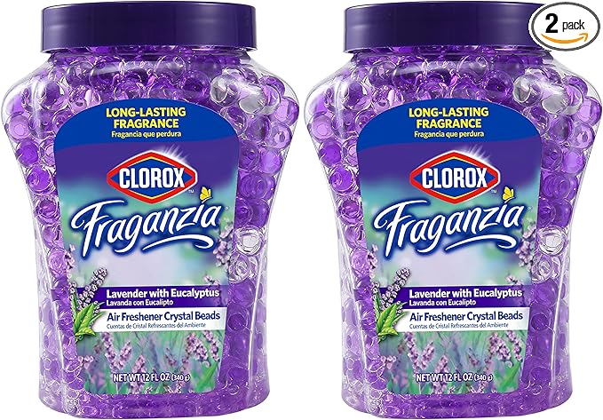 Clorox Fraganzia Crystal Beads Air Freshener Twin Pack, Long Lasting Room Deodorizer and Odor Eliminator Gel Beads for Home, Car, or Office, Lavender with Eucalyptus Scent, 24 Fl Oz