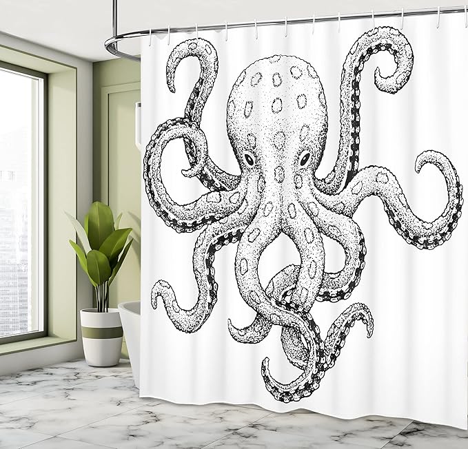 Ambesonne Octopus Shower Curtain, Sketch Style Print of Deadly Blue Ringed Octopus Camouflage Marine Animal Aquatic, Cloth Fabric Bathroom Decor Set with Hooks, 69" W x 84" L, Black Ecru