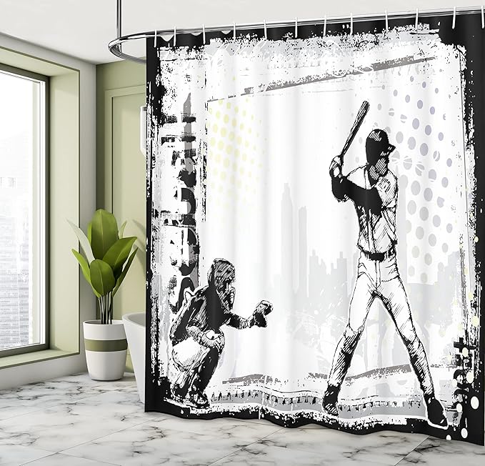 Ambesonne Sports Shower Curtain, Baseball Themed American Sport Team Rustic Design Silhouette Illustration Print, Cloth Fabric Bathroom Decor Set with Hooks, 69" W x 84" L, White Black