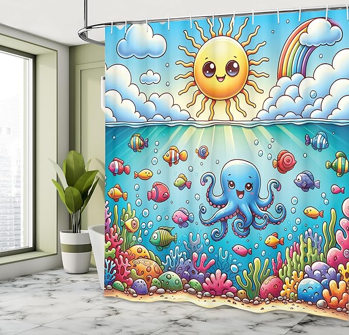 Ambesonne Ocean Shower Curtain, Nautical Happy Sun Octopus and Fish Characters with Cloudy Sea Scenery, Cloth Fabric Bathroom Decor Set with Hooks, 69" W x 75" L, Mustard Blue Multicolor