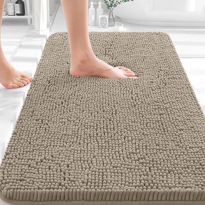 OLANLY Bathroom Rugs 35x24, Extra Soft Absorbent Chenille Bath Rugs, Rubber Backing Quick Dry, Machine Washable Bath Mats for Bathroom Floor, Tub and Shower, Home Decor Accessories, Warm Taupe