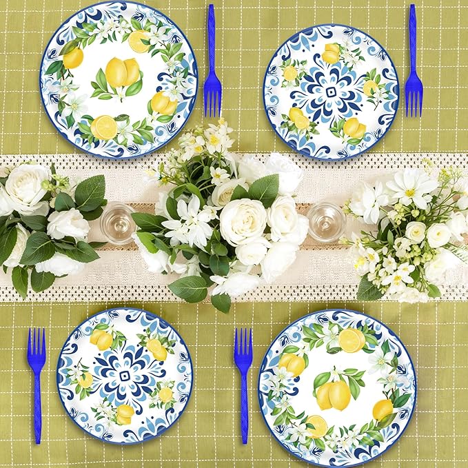 100 Pcs Lemon Tableware Party Supplies – Citrus Theme Blue Tile Disposable Plates, Napkins, and Blue Forks for Summer Parties, Picnics, BBQ, Brunch, Weddings, Birthdays, and Baby Showers – Serves 25