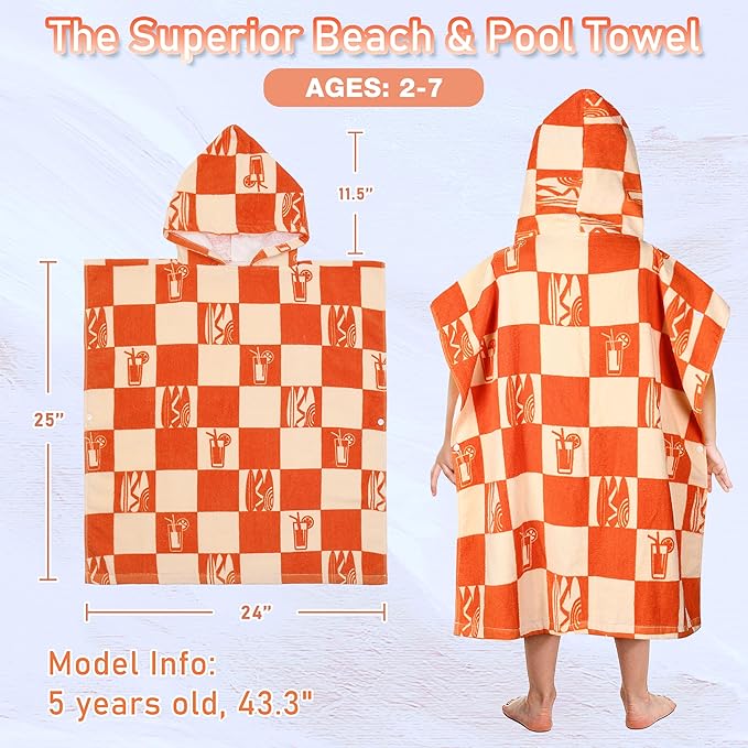 Tirrinia Kids Hooded Beach Towel, Toddler Hooded Bath Towel & Poncho Towel Super Absorbent, Wearable Swim Towel for Kids 3-6 Years Boys Girls at Bath Pool Beach, Birthday Gifts, ORJUICE