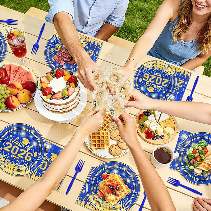 100 Pcs Graduation Plates and Napkins, 2026 Blue Gold Graduation Disposable Plates and Napkins Party Supplies Set Serves 25, Blue Gold Disposable Dinnerware Set for 2026 Decorations Grad Party
