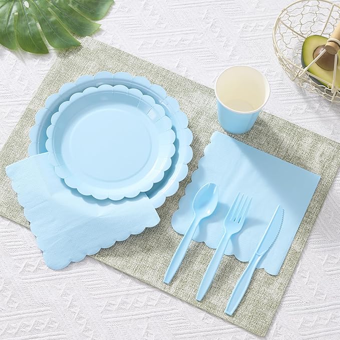Fijinhom Light Blue Paper Plates Set, 175 PCS Party Supplies, Disposable Dinnerware Set for 25 Guests, Light Blue Paper Plates Napkins Cups Blue Plastic Forks Knives Spoons for Wedding Festivals