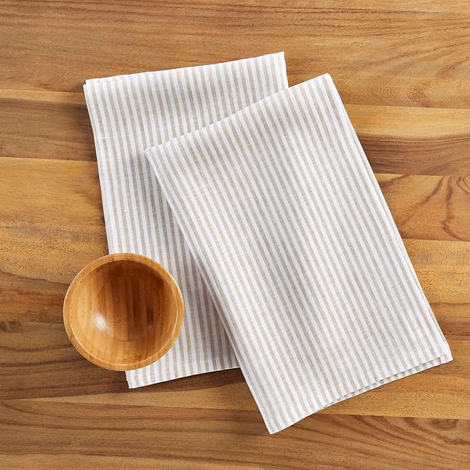 Solino Home Natural and White Linen Kitchen Towels Set of 2-100% Pure Linen 17 x 26 Inch Narrow Stripe Tea Towels with Hanging Loop - European Flax Kitchen Dish Cloth - Quick Dry & Machine Washable
