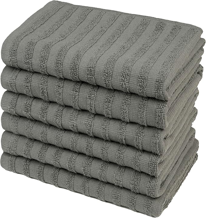 Premium Kitchen Towels (20”x 28”, 6 Pack) | Large Cotton Dish Towels 450 GSM | Highly Absorbent Terry Kitchen Linen Set with Hanging Loop | Anthracite Solid