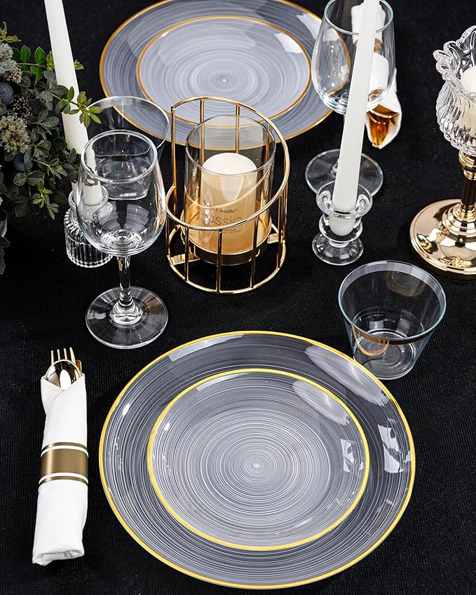 Morejoy 175PCS Clear Gold Plastic Plates - Disposable Gold Party Plates & Pre Rolled Napkins with Cutlery for 25 Guests, 50Plates, 75Silverware, 25Cups, 25Napkin for Party & Wedding & Mother's Day