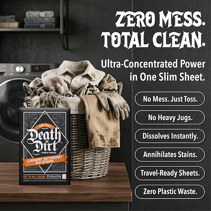 Death to Dirt Laundry Detergent Sheets, 64 Loads, Tough on Stains and Odors, Gentle on Skin and Fabric, Plant-Based & Eco-Friendly, Zero Trace Unscented, 32ct