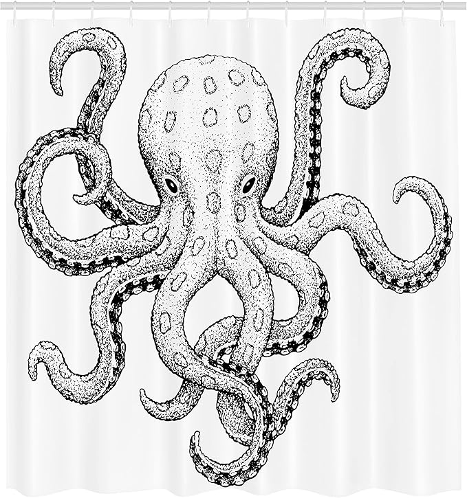 Ambesonne Octopus Shower Curtain, Sketch Style Print of Deadly Blue Ringed Octopus Camouflage Marine Animal Aquatic, Cloth Fabric Bathroom Decor Set with Hooks, 69" W x 84" L, Black Ecru