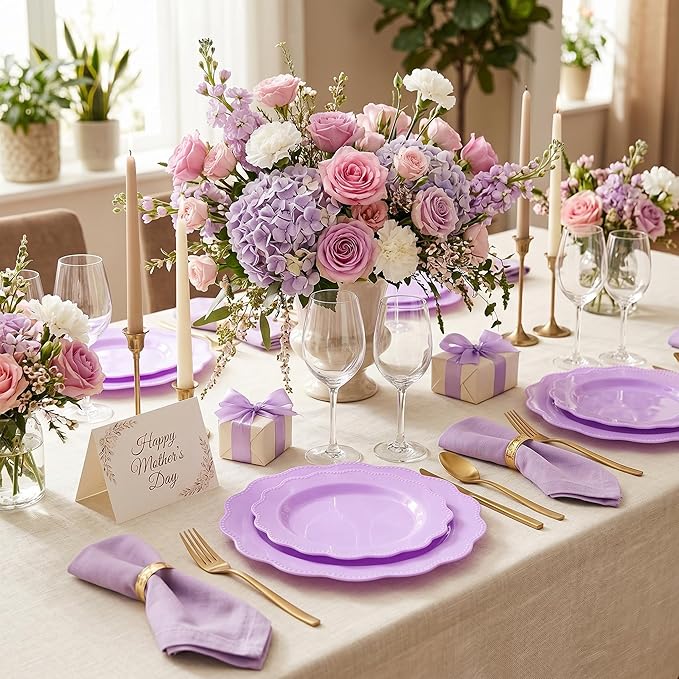 COLOSUS 60Pcs Lavender Purple Plastic Plates set,Heavy Duty Purple Disposable Plates include 30 Dinner plate 10.5” and 30 Salad/Dessert Plate 8.25” for Party and wedding