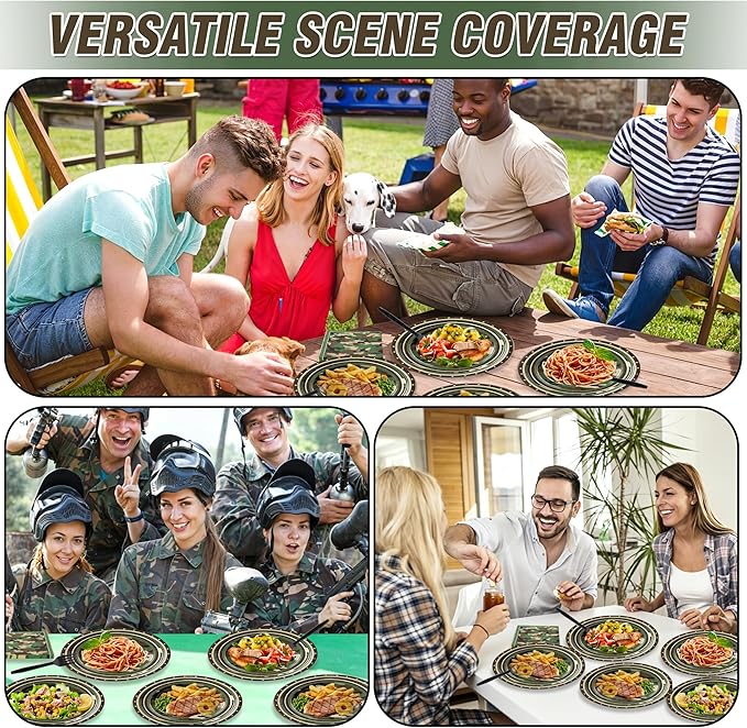 100 Pcs Camouflage Party Supplies for 25 Guests, Heavy-Duty 7" & 9" Paper Plates, 2-Ply 13" Napkins & Plastic Forks, Disposable Deep Green Camo Tableware Set for Hunting Army Military Party