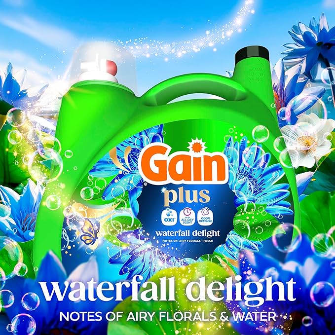 Gain Plus Liquid Laundry Detergent, Cleaner, Fresher, Now with Oxi, Waterfall Delight Scent, 170 fl oz, 129 Loads
