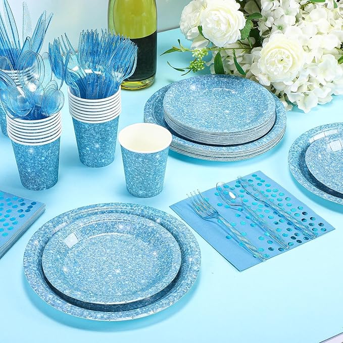 Hushee 175 Pcs Light Blue Holographic Print Party Supplies Guests Disposable Dinnerware Set Include Paper Plates, Napkins, Cups, Plastic Cutlery for Wedding Birthday Disco Bachelorette
