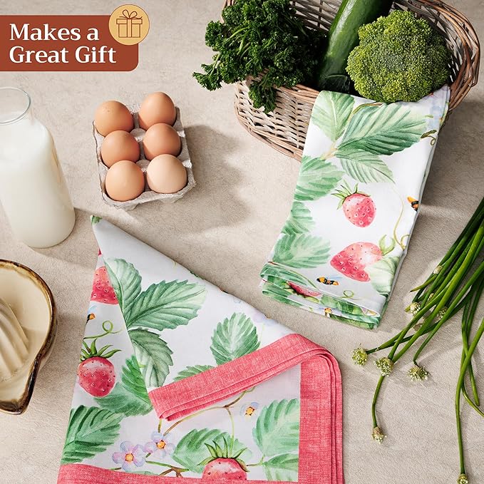 Maison d'Hermine Kitchen Towels Set of 2 100% Cotton 27.50" x 20" Reusable Cloth Tea Dish Towels Absorbent with Hanging Loop for Kitchen, Home, Dining, Cocktail Parties (Strawberry Summer)